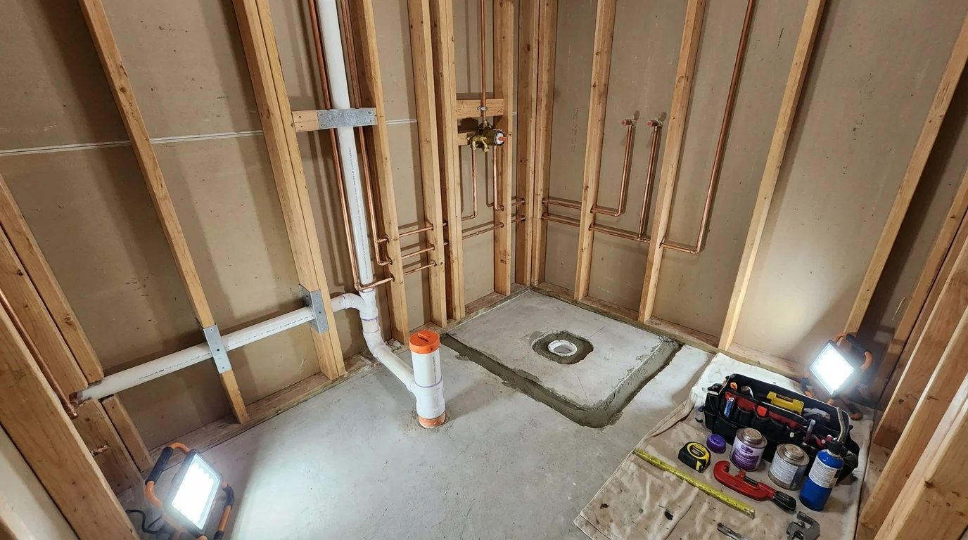 Bathroom rough-in plumbing during remodel by Johns Plumbing LLC in Pageland