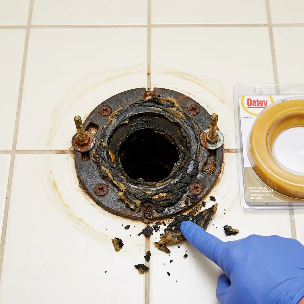 Failed wax ring showing water seepage at the base of a toilet in a Pageland, SC home