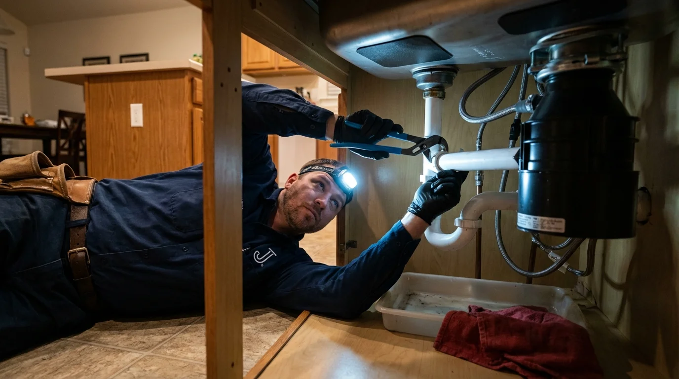 P-trap and supply line connections under a kitchen sink showing a common leak point in Pageland, SC